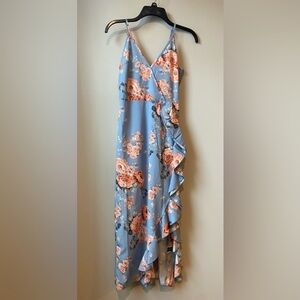 SHEIN Women’s Blue Floral Long Dress with Ruffle Slit and Open Back, Small